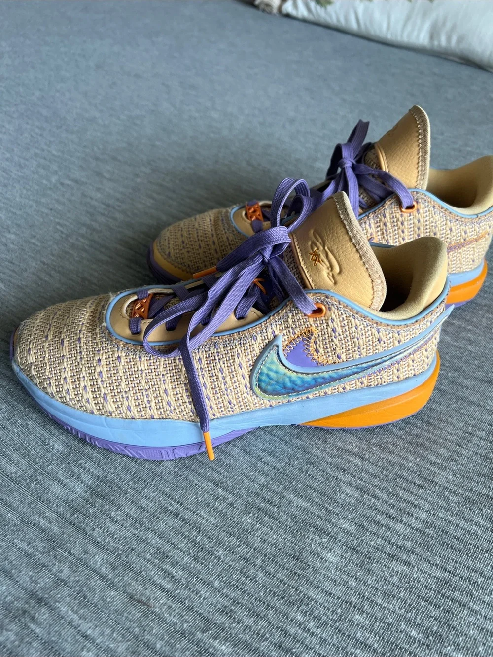 Nike Big Kids LeBron XXAthletic Sneakers in Tan and Lavender with Orange Accents